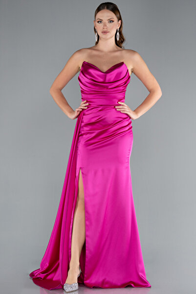 Abiyefon Fuşya Kedi Kulağı Straplez Yırtmaçlı Uzun Saten Abiye ABU4841