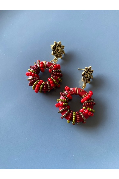 dela otantik Handmade Bohemian Beaded Large Hoop Earrings – Authentic Ethnic Bijouterie Jewelry with Gold Detailing
