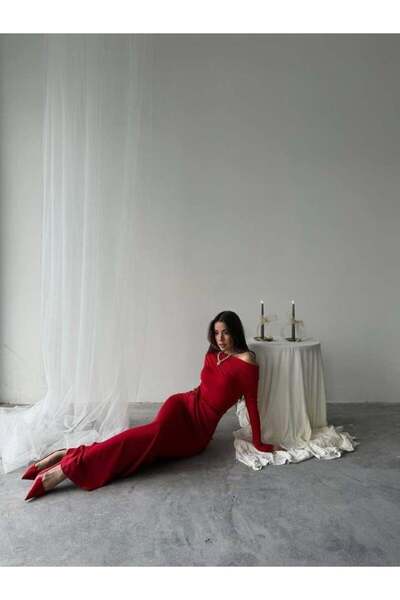 Genel Markalar Kayık Yaka Uzun Kurdele Elbise