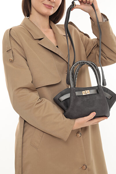 besmoda Women's Gray Suede Lock Detail Shoulder Strap Hand and Shoulder Bag