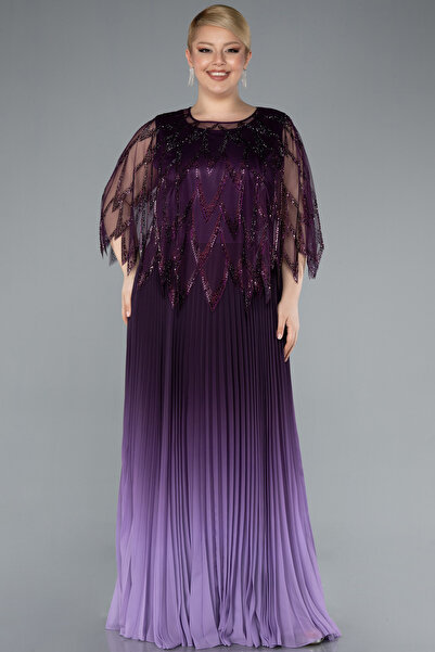 Abiyefon Mor Taş İşleme Şallı Uzun Şifon Büyük Beden Abiye ABU4633