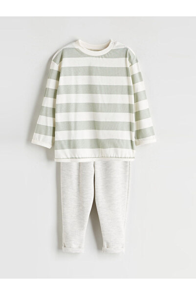 LC Waikiki Ecru Crew Neck Striped Baby Boy T-Shirt and Pants 2-Piece Set