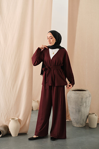 LOCCO Women's Tie-Waist Kimono Set Burgundy