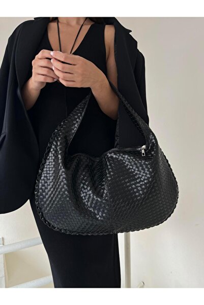 Tina İstanbul Örgü Dokulu Fermuarlı Büyük El Ve Omuz Çantası Siyah