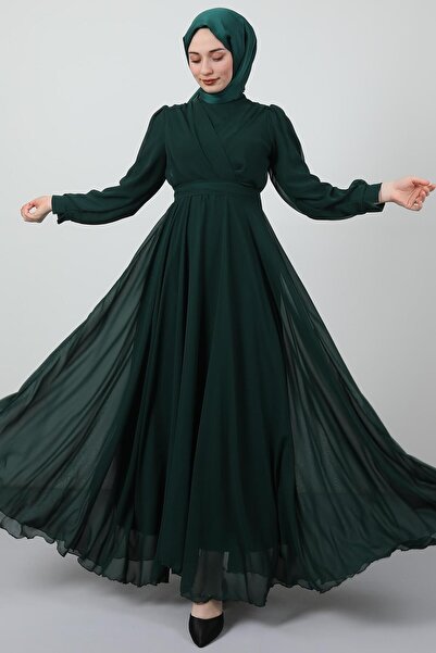 GİYZAMİLA Cross Front Chiffon Dress Emerald