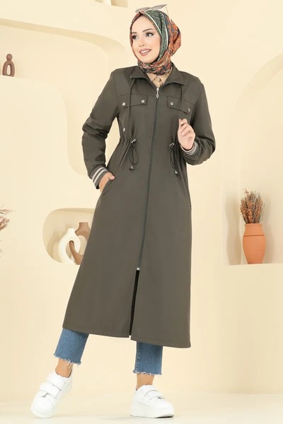 Weak Blue Long Trench Coat with Elastic Sleeves