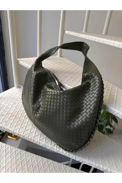 Tina İstanbul Плетена текстурирана голяма чанта с цип за ръка и рамо, каки