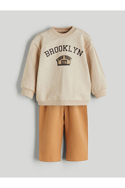 LC Waikiki Bej Bisiklet Yaka Erkek Bebek Sweatshirt ve Eşofman Alt 2'li
