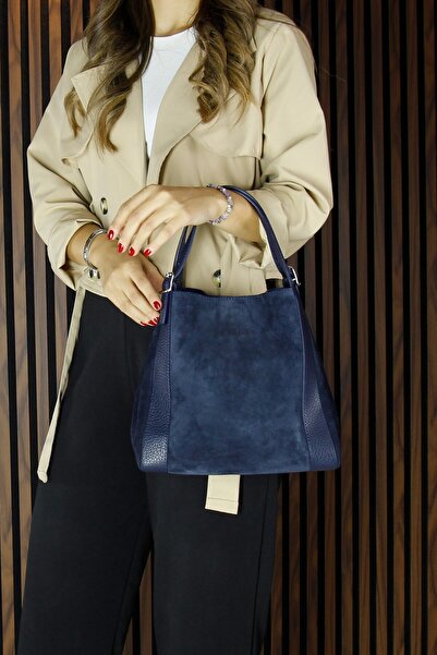 Erkan Saçmacı Navy Blue Genuine Cowhide Suede Magnetic Closure Large Size Daily Shoulder Bag and Handbag with Strap