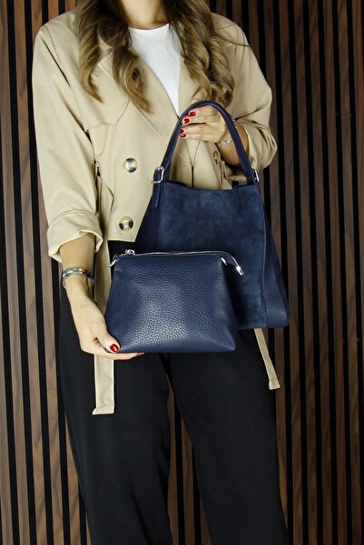 Erkan Saçmacı Navy Blue Genuine Cowhide Suede Magnetic Closure Large Size Daily Shoulder Bag and Handbag with Strap