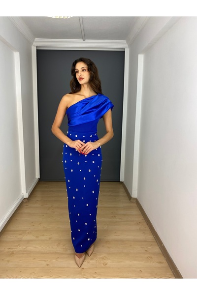 gökkuşagı moda Sax Tek Omuz Ön Taş Baskılı Arka Yırtmaç Detaylı Uzun Abiye Elbise