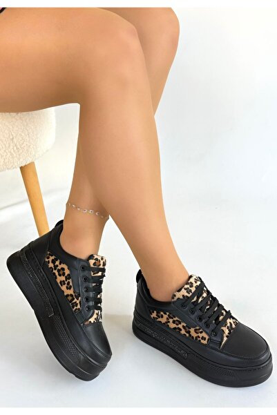 FTT SHOPPING MARKET Lorrin Black Leather Leopard Detailed Lace-Up Sneakers