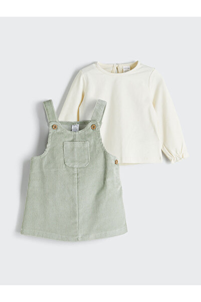 LC Waikiki Peak Yeni Sezon Bisiklet Yaka Kadife Kız Bebek Bluz ve Salopet 2'li