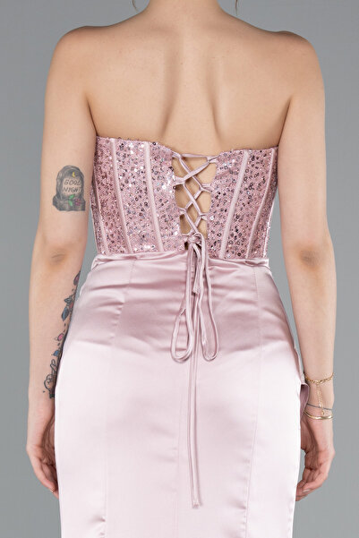 Abiyefon Pudra Straplez Balen Korse Uzun Saten Abiye ABU3883