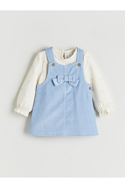 LC Waikiki Lcw Baby Blue Bow Detailed Velvet Baby Girl Salopet Dress and T-Shirt