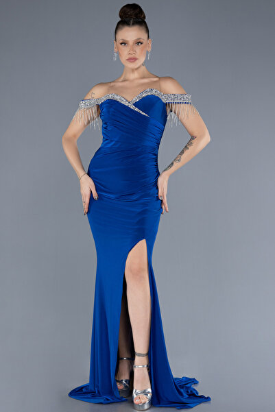 Abiyefon Saks Mavi Taşlı Kayık Yaka Yırtmaçlı Uzun Abiye Elbise ABU4553