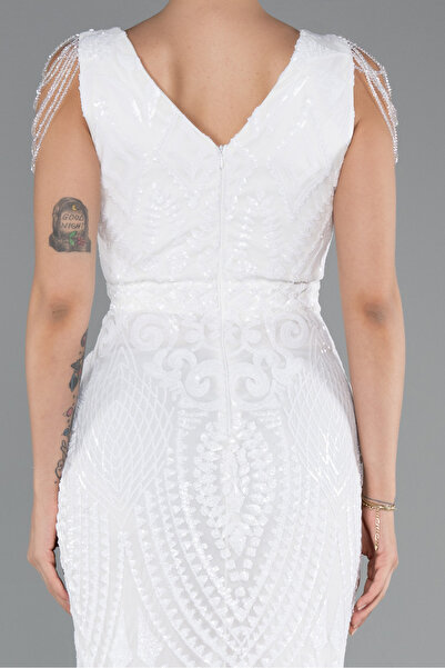 Abiyefon Ekru V Yaka Uzun Pullu Balık Abiye ABU3842