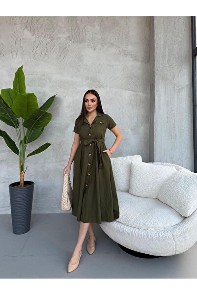 UMSA MODA KRUVAZE YAKA KISA KOL MİDİBOY GÖMLEK ELBİSE HAKİ