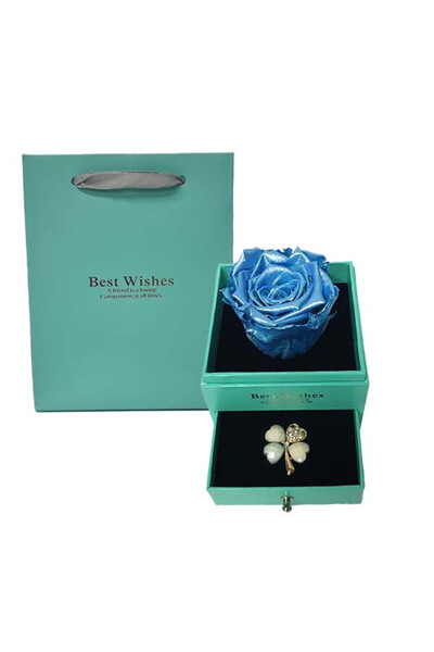 velve Криогенна роза в тюркоазена кутия, с чекмедже и брошка, металическо син...