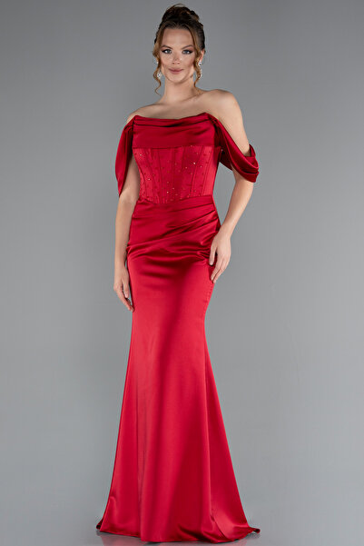 Abiyefon Kırmızı Kayık Yaka Taşlı Balen Korse Detay Uzun Saten Abiye ABU5017