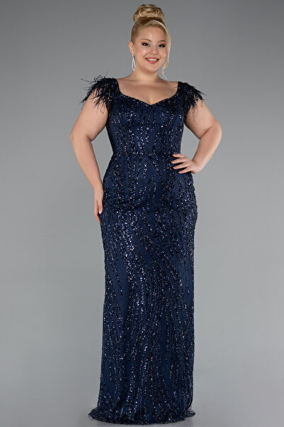 Abiyefon Lacivert Kısa Kol V Yaka Taşlı Uzun Büyük Beden Abiye ABU5182