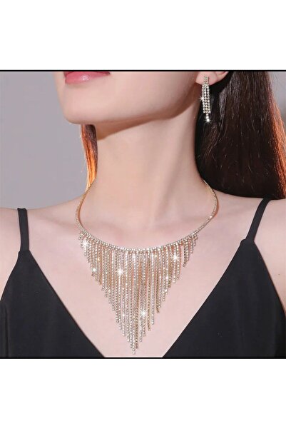 Shiklik Gold Color Stone Long Tassel Women Jewelry Set Earrings Necklace