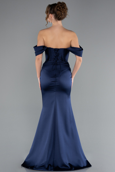 Abiyefon Lacivert Kayık Yaka Taşlı Balen Korse Detay Uzun Saten Abiye ABU5017