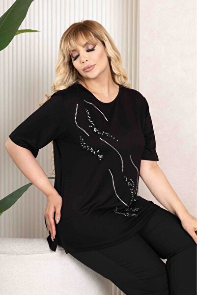 sinemisxxl Black Stone Lycra Plus Size Blouse