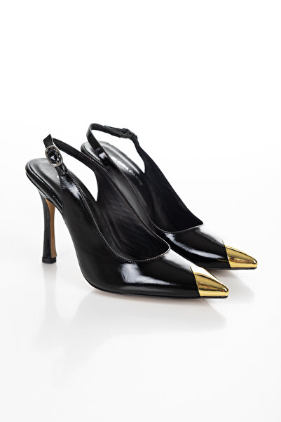 PASSAGE SHOES Women's Leather Metal Detailed Heeled Shoes 3103 Black Crinkled Patent Leather