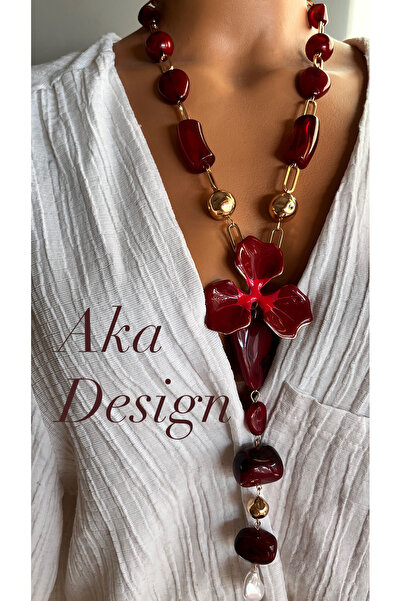 AKA DESIGN Zr model bordo yeni sezon çiçek kolye