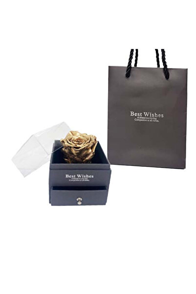 velve Cutie tip sertar cu trandafir criogenat auriu si punga cadou, Auriu