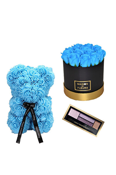 velve Aranjament floral cutie cu trandafiri albastri de sapun,Ursulet floral 25cm ,albastru