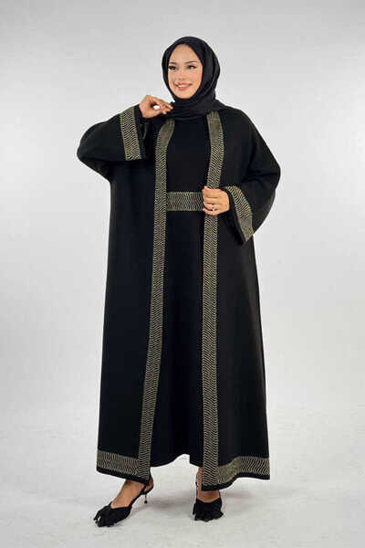 Bym Fashion Şerit Desenli Elbise Hırka Takım 18311 Siyah-Gold