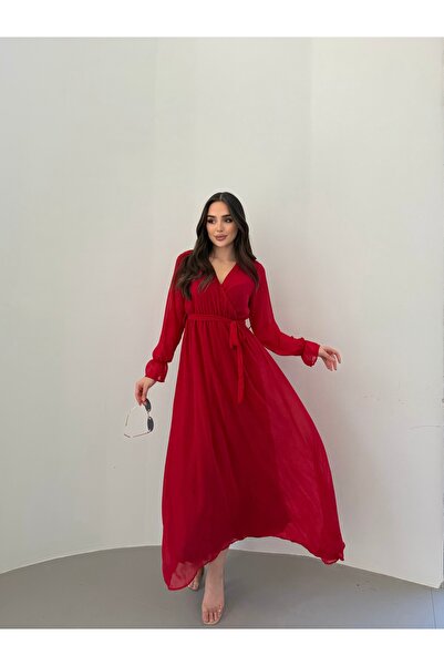 UMSA MODA LASTİKLİ VOLAN KOL DETAYLI KRUVAZE SALAŞ BORDO ŞİFON ELBİSE