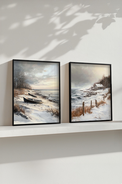 STARYUNA Black Wooden Framed Snowy Coastal and Kayak Landscape Oil Painting Effect Double Painting Set Yuna426