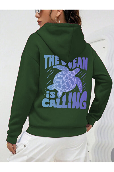 uyguntarz Unisex the Ocean Is Calling Printed Design Oversize Sweatshirt