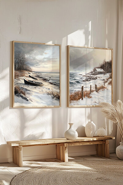 STARYUNA Wooden Framed Snowy Coast and Kayak Landscape Oil Painting Effect Double Painting Set Yuna426