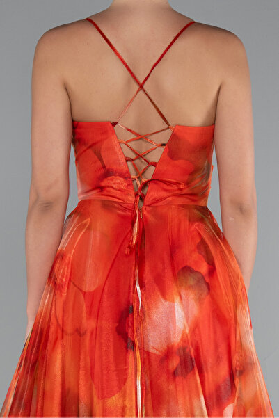 Abiyefon Orange Bacak Dekolteli Uzun Empirme Mezuniyet Elbisesi ABU5053