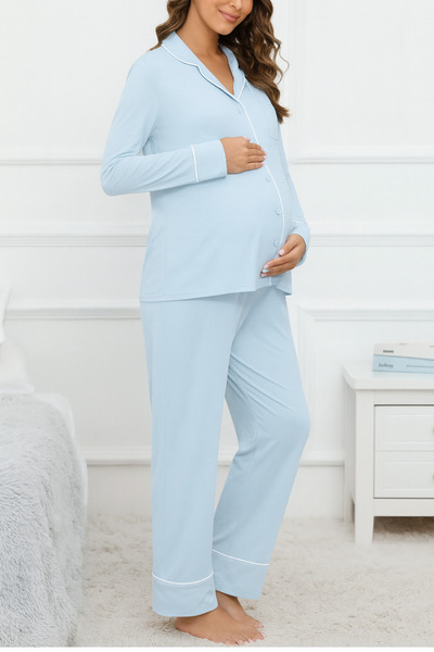 Miss Dünya Lissa Gömlek Yaka Önden Düğmeli Uzun Kol Rahat Form Hamile ve Lohusa Pijama Takımı