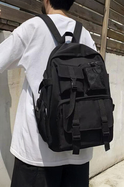 harmony factory Siyah Çok Bölmeli Y2K Kumaş Sırt Çantası