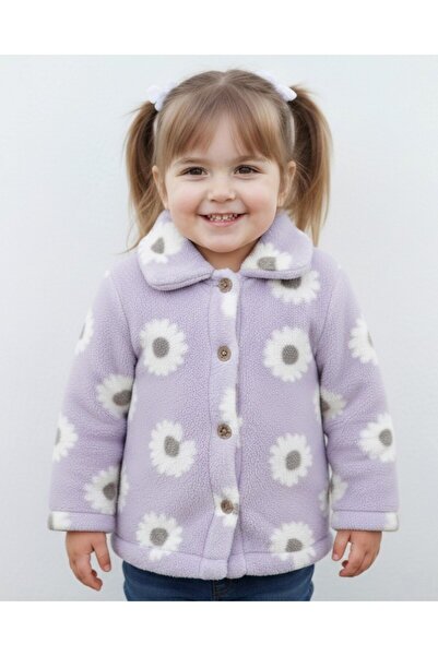 Ege Bebek Girl's Floral Printed Plush Cardigan 1.5-2-3-4-5-6 Years Old Winter Fleece Jacket