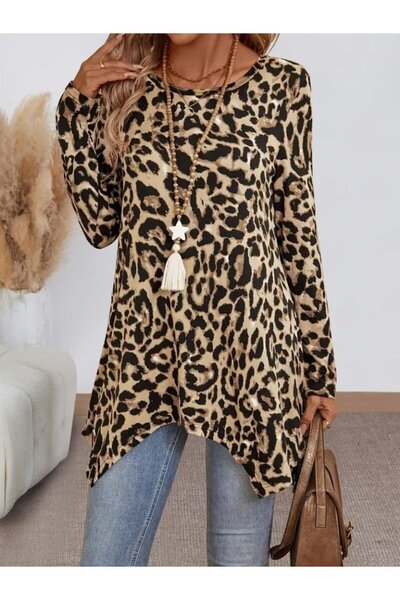 JANES Dámská jednolícní blůza s dlouhým rukávem a leopardím vzorem