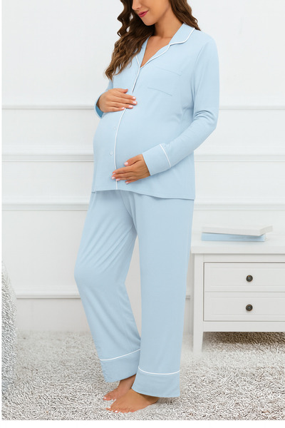 Miss Dünya Lissa Gömlek Yaka Önden Düğmeli Uzun Kol Rahat Form Hamile ve Lohusa Pijama Takımı