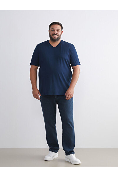 LC Waikiki Navy Blue Plus Size V-Neck Combed Cotton Men's T-Shirt