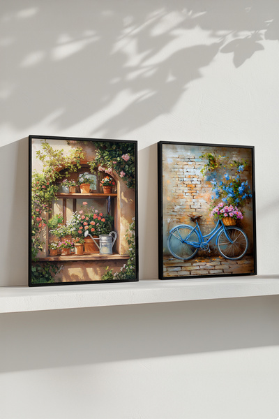 STARYUNA Black Wooden Framed Floral Window and Bicycle Oil Painting Effect Double Painting Set Yuna427