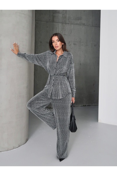 AÈC PRIVÈ Women's Premium Quality Luxury Shawl Detailed Stylish Stone Embroidered Shirt Pants Double Suit 777