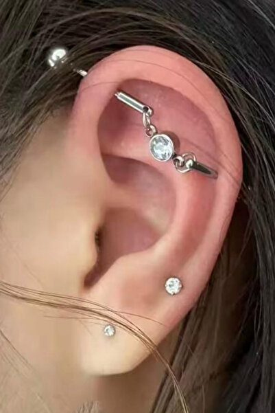 Blisse Piercing Unisex Gümüş Renk Sallantılı Zirkon Taşlı Cerrahi Çelik Indus...