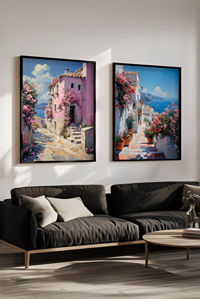 STARYUNA Black Wooden Framed Oil Painting Effect Italy Scenery Double Painting Set Yuna430