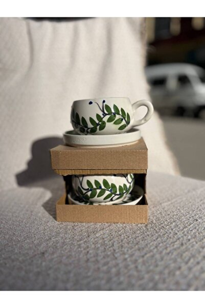 ColorCraft Ceramic Handmade Cup Set of 2 Green Leaf Patterned