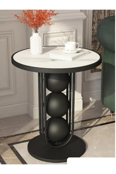 Generic Black and white marble wood and metal side table - 50x60 cm